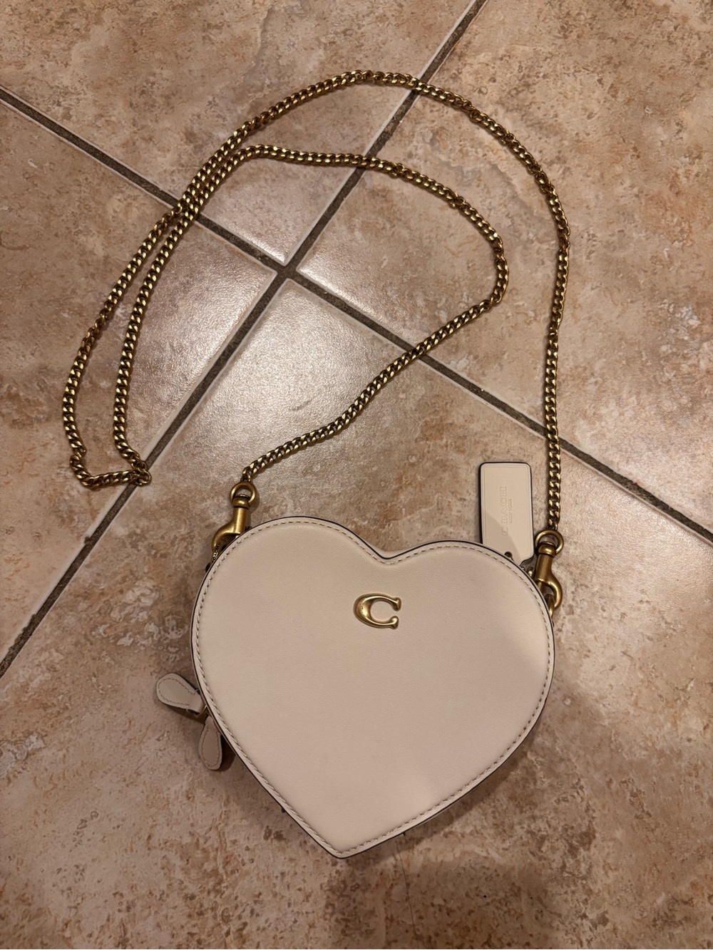 Coach Cream Heart-Shaped Crossbody with Gold Chain